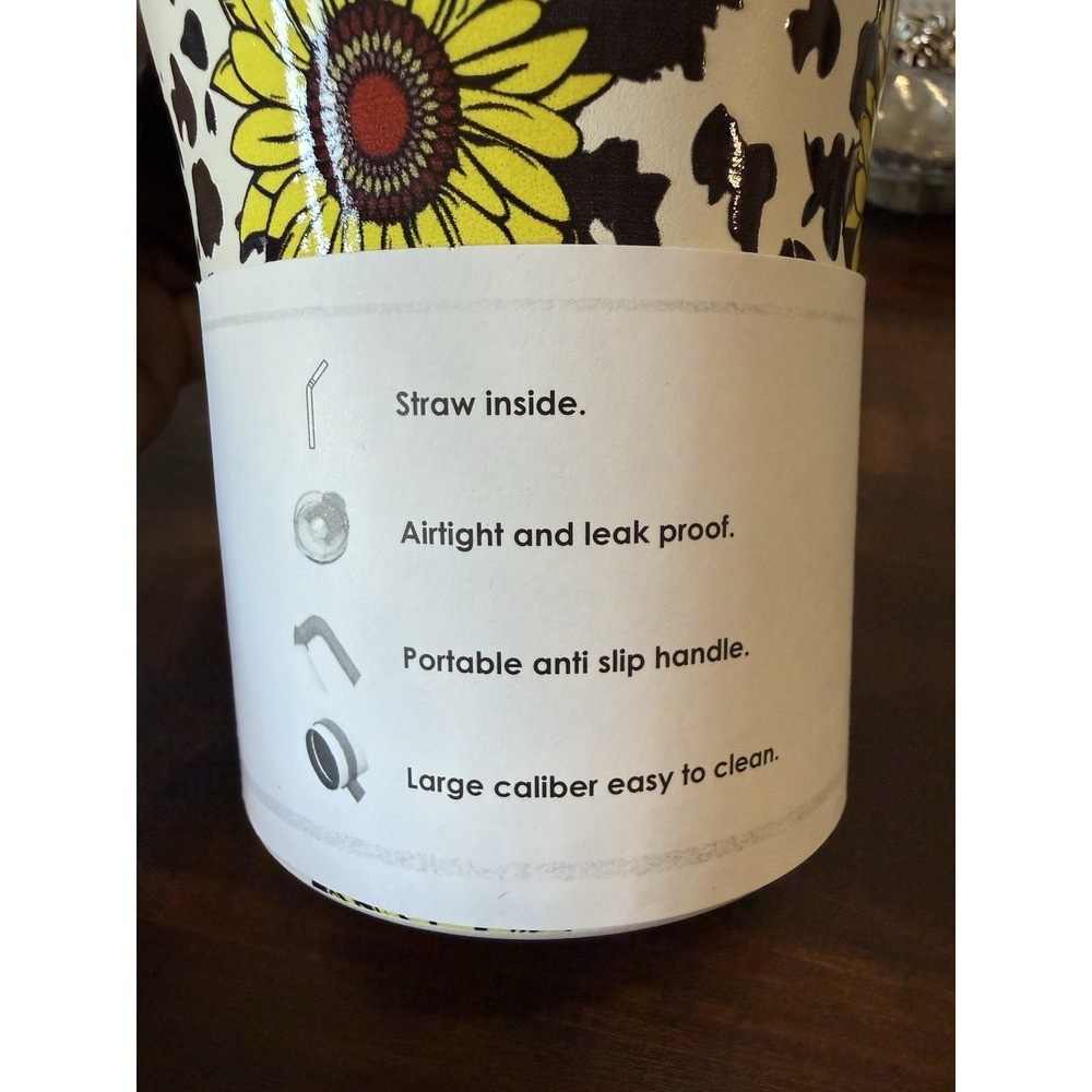 Sunflower Cow Print 40 oz Tumbler with Tooled Leather Wrap & Handle - Picture 5 of 5